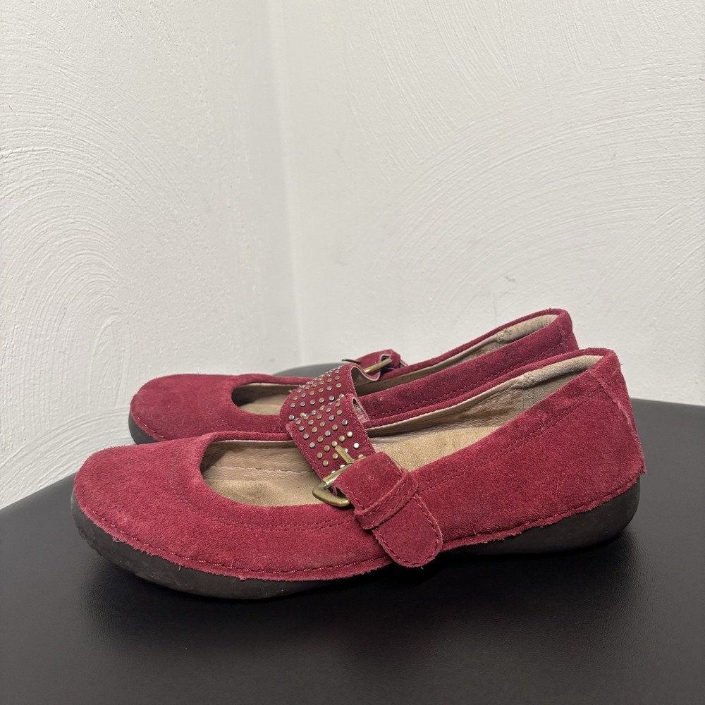 Vionic Goleta Cranberry Red Suede Mary Jane Flat Brass Studs Sz 7